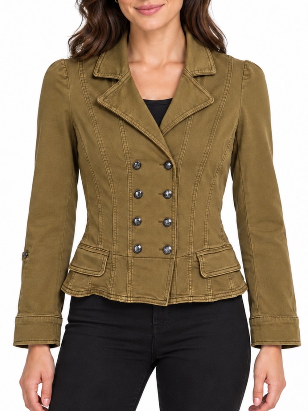 White House Black Market Military Peplum Jacket Size 2 Olive Brown Blazer